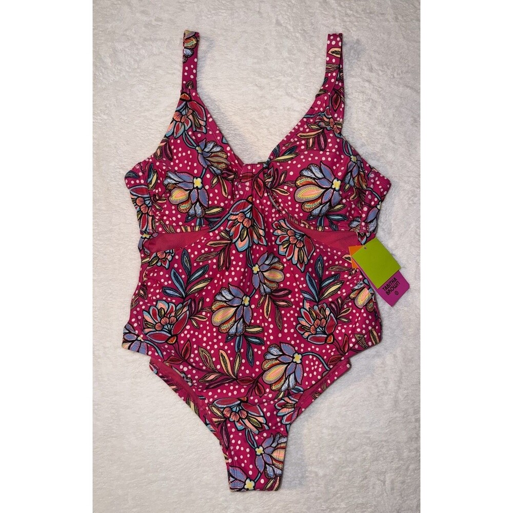 Tabitha Brown One Piece Swimsuit 16W French Cut High Leg Floral Polka Dot Cutout